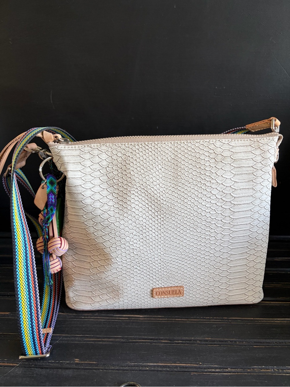 Consuela Cream Snake-Embossed Crossbody with Multicolor Strap